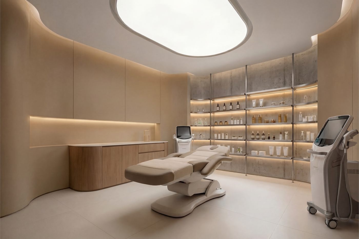 The AMAC treatment room with lit product shelving