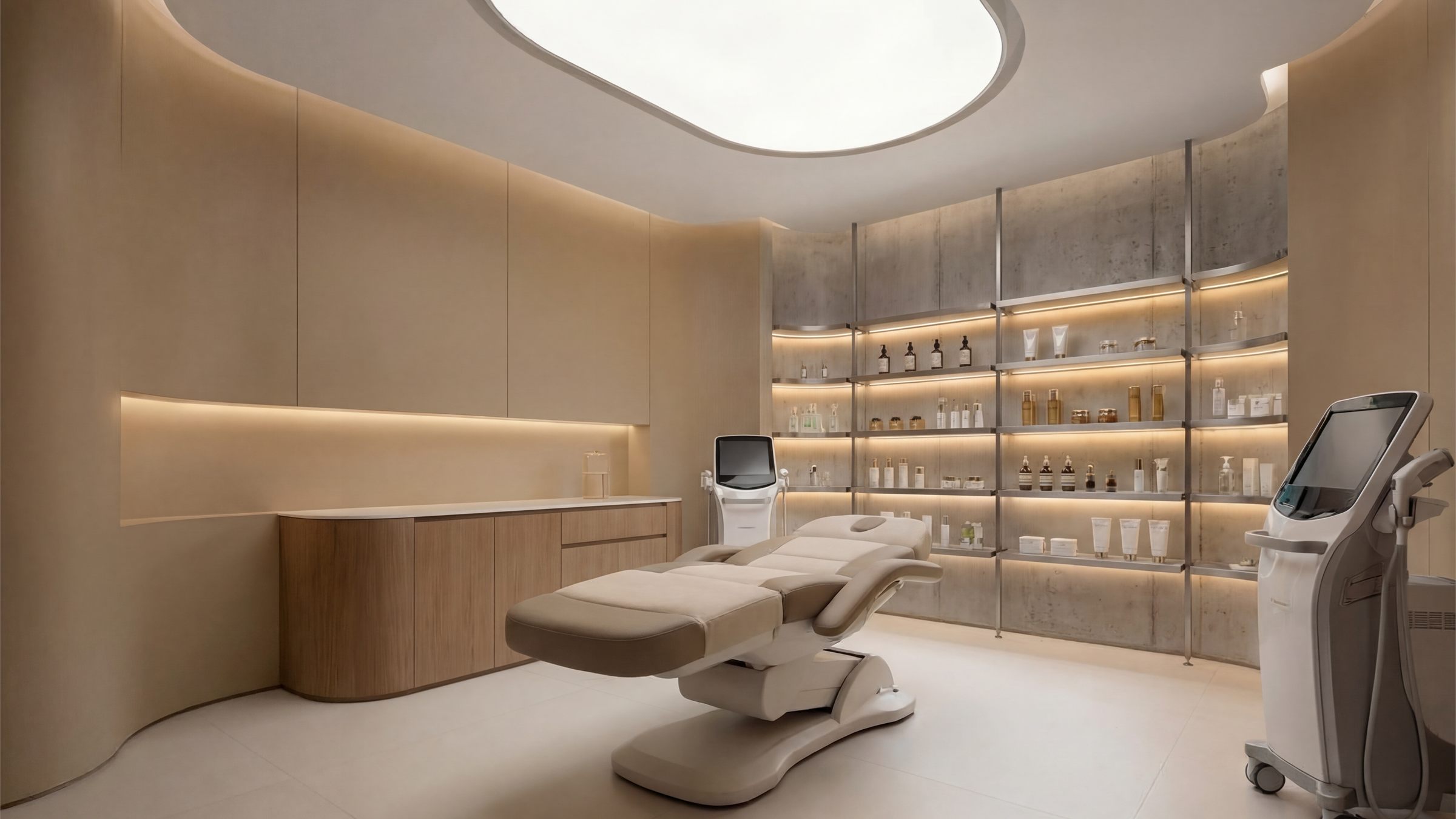 The AMAC treatment room — warm light, lit product shelving and a medical treatment chair